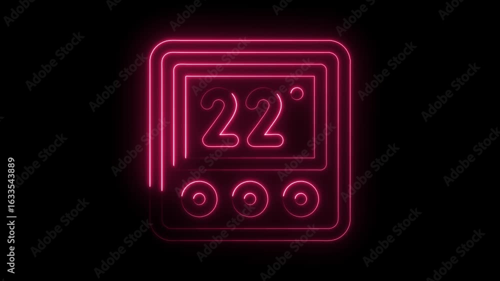 Poster glowing pink neon thermostat icon displaying 22 degrees celsius with circular buttons on a transpare