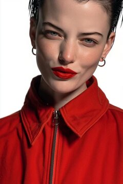 Fashion lifestyle Concept. Close up of a dark slicked-back hair woman with bright red lips, fresh dewy makeup, posing smug smirk smile arrogant. clip mov HD motion	
