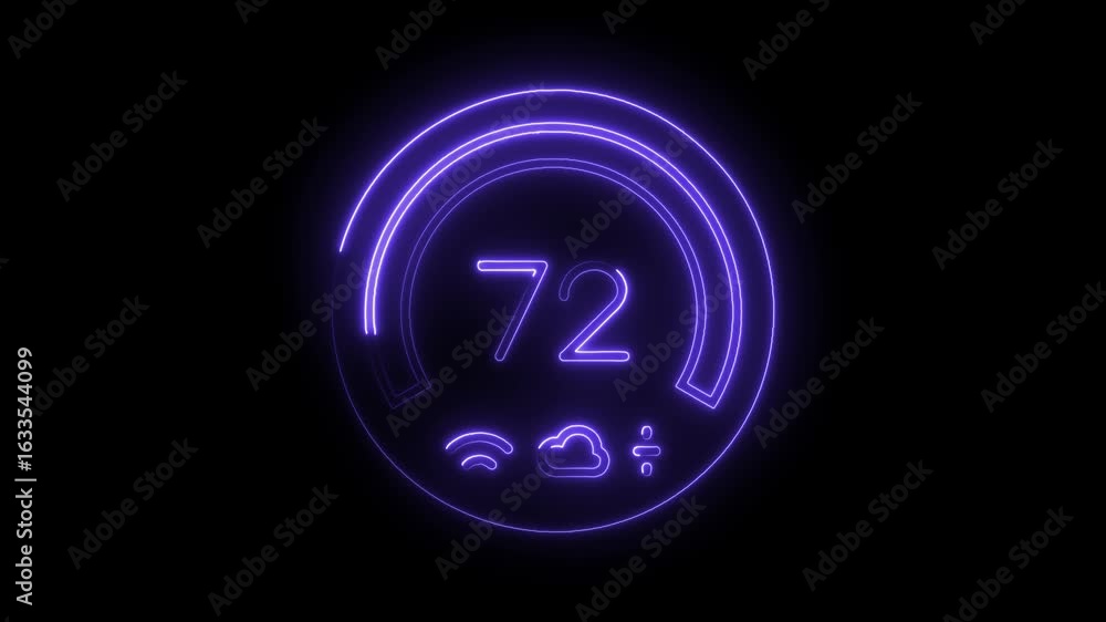 Poster glowing neon purple thermostat icon displaying 72 degrees with weather symbols and transparent backg