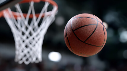 Cinematic close-up of basketball entering hoop from above with dramatic lighting, textured detail, subtle motion blur, and isolated black background filled with energy and fine atmospheric particles

