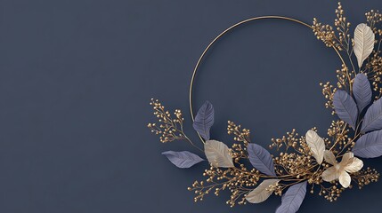 Elegant oval wreath adorned with glittering gold and purple accents on a dark gray background