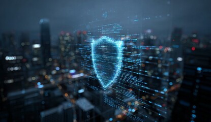 Digital shield graphic over cityscape at night