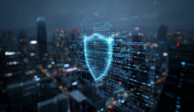 Digital shield graphic over cityscape at night
