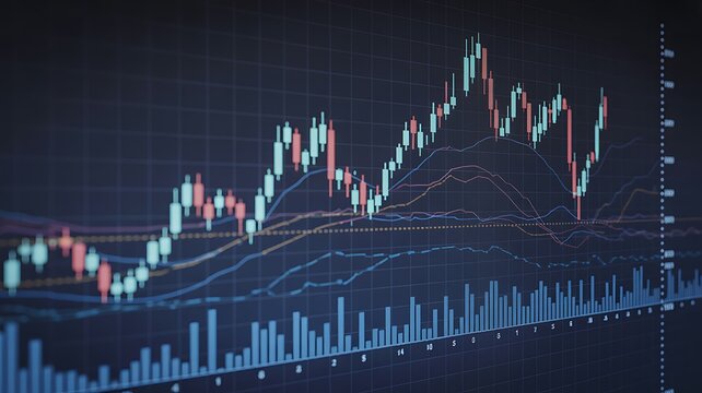 Dynamic financial market charts showing uptrend and downtrend with candlestick analysis and moving averages