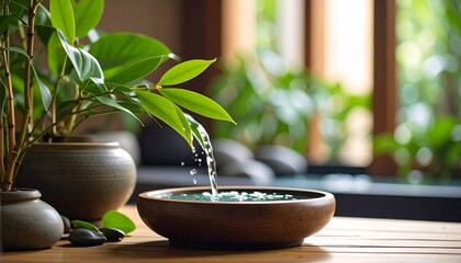 Peaceful Wellness Interior with Soothing Spa Fountain and Greenery, Emphasizing Relaxation, Zen, Nature, Calm, Indoor Serenity, Harmony, Water, Tranquility, and Minimalist Decor