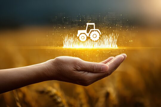 A hand holds a glowing tractor graphic over a wheat field
