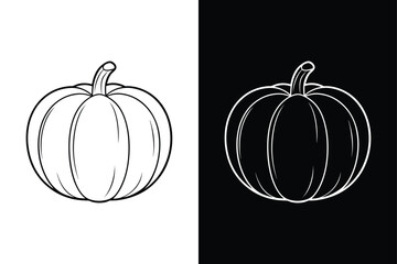 Minimal Pumpkin Icon on White and Black. Fall Season Vegetable Line Vector