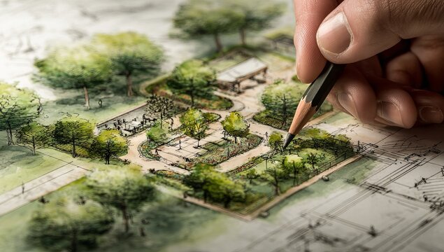 Hand drawing a park design on music paper