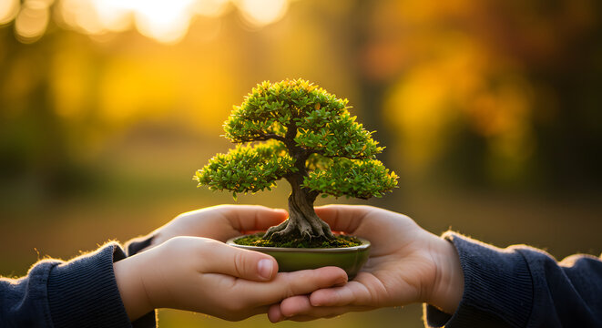 Bonsai tree held in hands representing growth, care and environmental awareness, with warm - Powered by Adobe