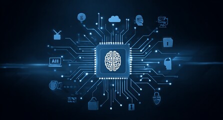Abstract digital circuit board with brain symbol, surrounded by tech icons