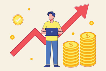 Man with Laptop and Growing Red Arrow with Stacks of Coins person computer