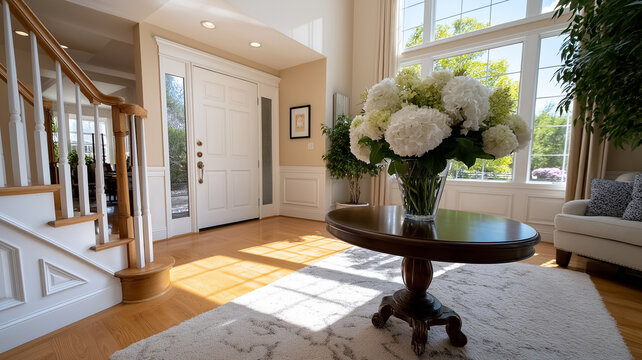 Elegant foyer interior with polished marble floors, curved staircase, tall floral centerpiece, and high ceilings with chandelier lighting, showcasing classic white panel walls and open design

