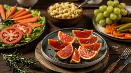 Vibrant, fresh fruit and vegetable platter with gourmet pasta, perfect for healthy eating and lifestyle content.