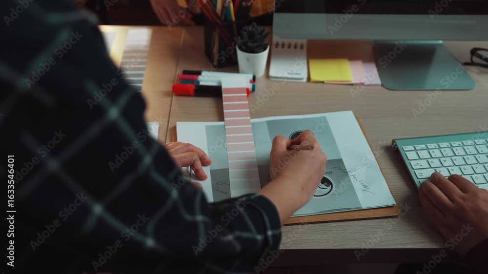 Poster in a vibrant office setting, a diverse team engages in collaborative brainstorming, using sketches a