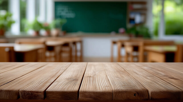Bright academic classroom scene with clean wooden table surface in sharp foreground focus, and softly lit educational environment behind, ideal for school themes and product mockups

