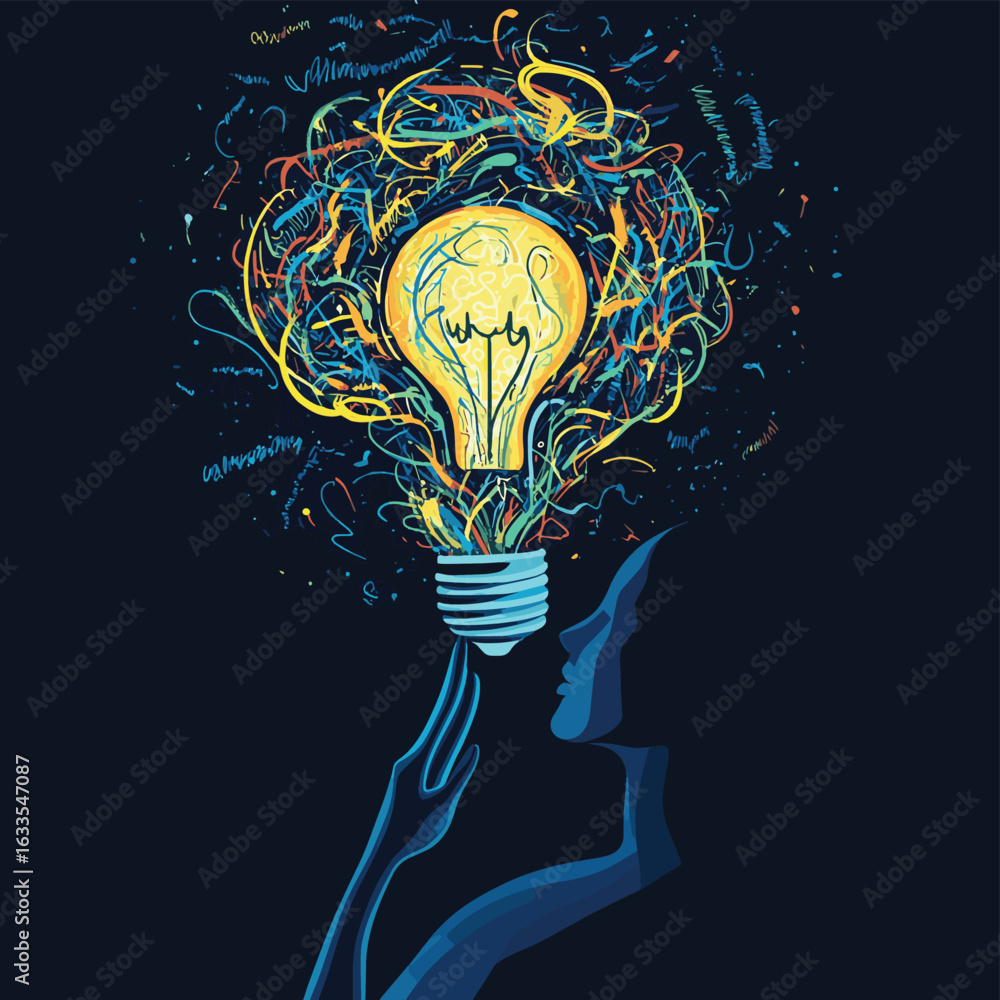 Poster human head silhouette and hand give light bulb into the tangled scribble brain. creating solution. i