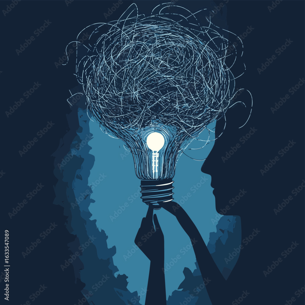Poster human head silhouette and hand give light bulb into the tangled scribble brain. creating solution. i