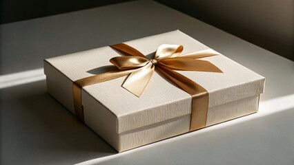Elegant off-white gift box with a gold satin ribbon bow, minimalist style, sunlit setting, luxurious and sophisticated mood, perfect for special occasions, high-resolution image, premium quality.