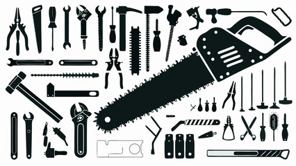 Fototapeta premium Illustration showing a variety of tools including saws wrenches pliers and screwdrivers in black silhouette
