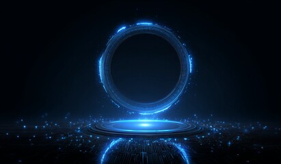 Empty glowing ring portal on dark tech platform