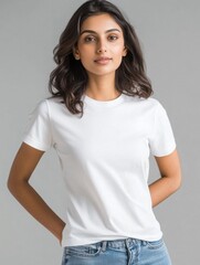 Obraz premium young indian woman wearing white t shirt standing on isolated background