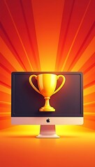 Flat design empty computer screen in the center, with a trophy icon, radial burst background in red and yellow, concept of digital achievement or online reward

