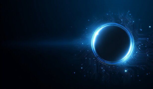 Dark background with glowing blue circle and circuit board design