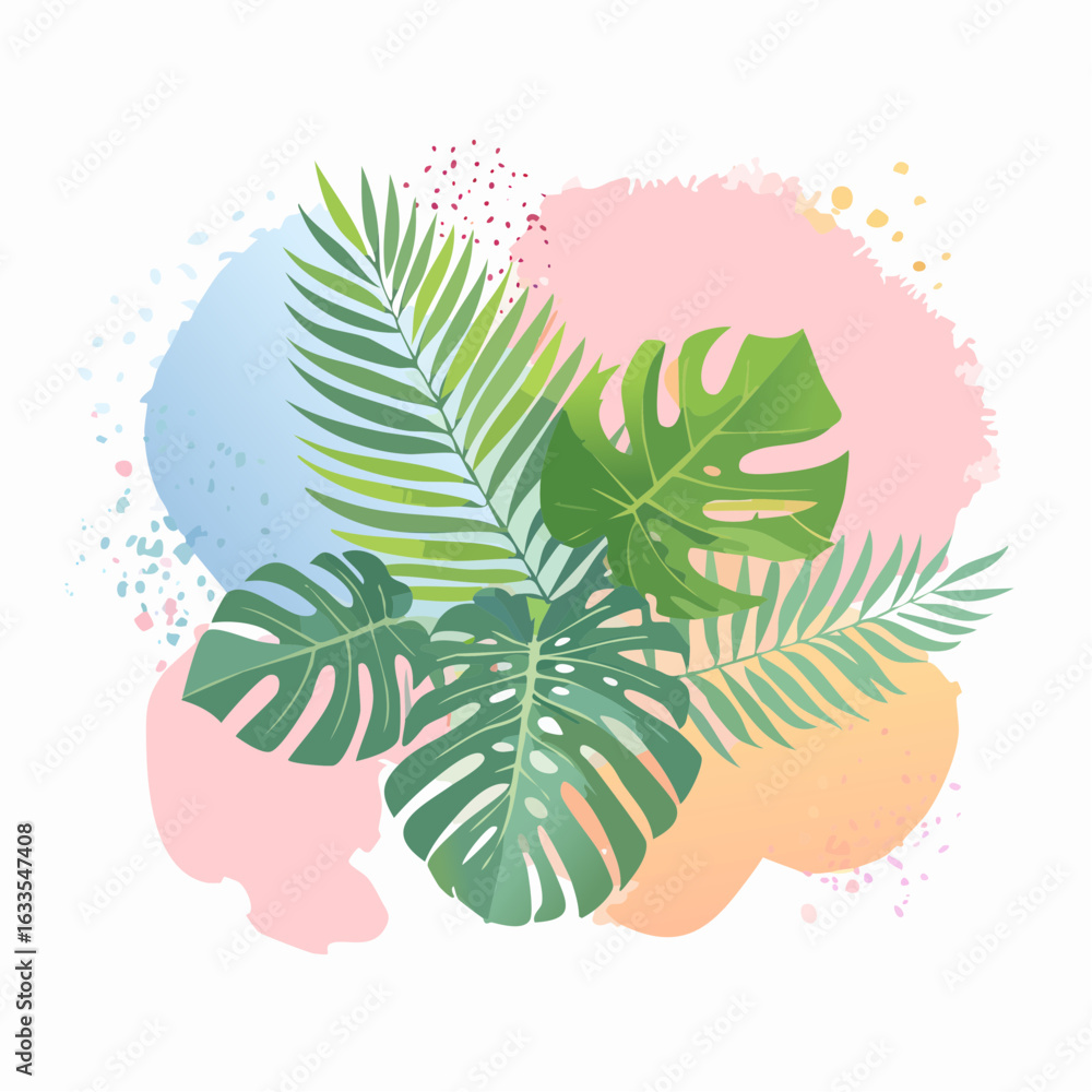 Poster a vibrant round motif combining layered leaves with soft color blobs for innovative website visuals,