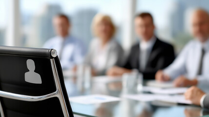 Wide-angle office scene with business team gathered around a glass conference table, highlighting an empty chair with glowing silhouette to represent a job vacancy in a corporate recruitment setting

