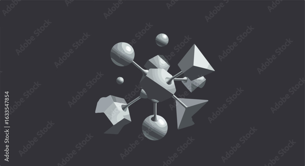 Poster Abstract gray atom-like structure with spheres and geometric shapes