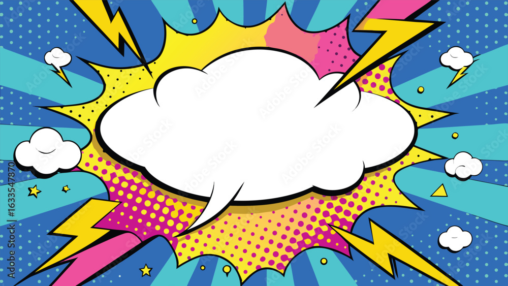 Poster dynamic comic book speech bubble illustrated with lightning and clouds, representing a powerful or i