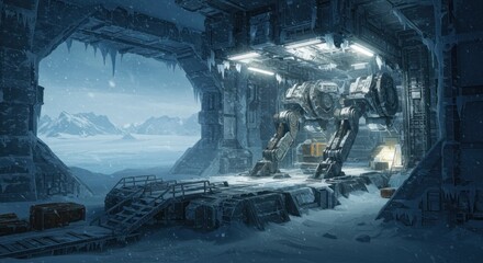 Arctic automaton outpost stands guard amidst frozen landscape and industrial chill