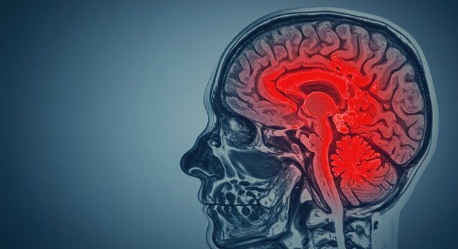Brain MRI scan showcasing areas of inflammation and neurological responses of the human central