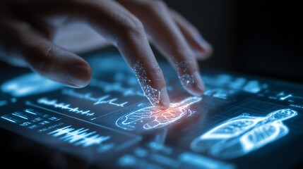 Fototapeta premium Advanced Technology A closeup of fingers on a laptop trackpad with overlays of AI-driven market prediction graphs
