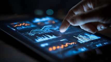 Advanced Technology A closeup of fingers swiping on a tablet with virtual charts of renewable energy performance