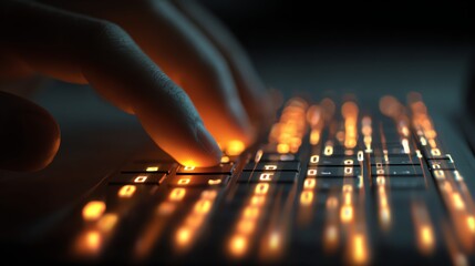 Advanced Technology A closeup of fingers typing on a keyboard with glowing AI chatbot conversation interfaces