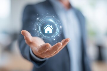 Man's hand hovers over a projected house icon