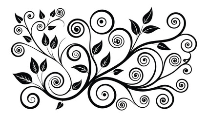 Vector art of elegant black and white ornamental flourish with swirling leaves and scrolls, isolated on white background.