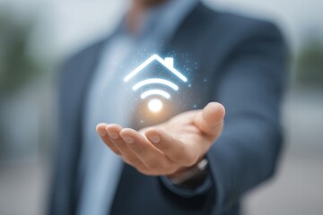 Businessman holds a glowing home wifi symbol