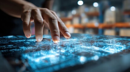 Advanced Technology A closeup of fingers on a laptop trackpad with overlays of AI-driven market prediction graphs