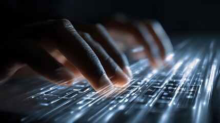 Advanced Technology A closeup of fingers typing on a keyboard with glowing AI chatbot conversation interfaces