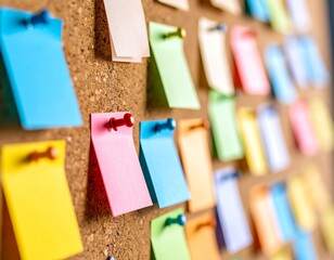 A corkboard filled with colorful blank sticky notes pinned with thumbtacks, symbolizing brainstorming, strategy, and organization