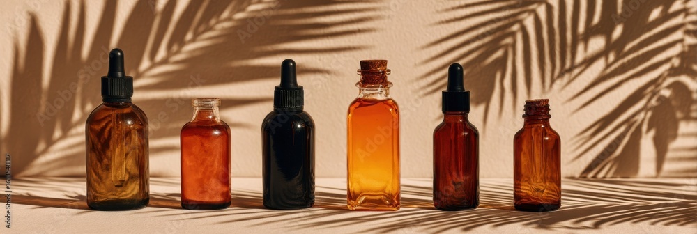 Poster unique collection of glass bottles containing various colorful oils on a sandy background with palm 