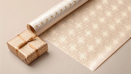 Elegant gold and beige gift wrap roll and boxed present; sophisticated, minimalist design; luxurious, festive mood; perfect for holiday or special occasion branding.