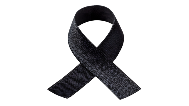 Black awareness ribbon for mourning, melanoma, and skin cancer support on transparent background