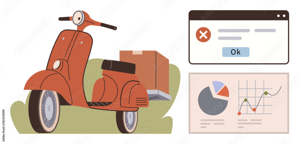 Poster retro delivery scooter with attached cargo box beside analytics charts with graphs and pie chart. po