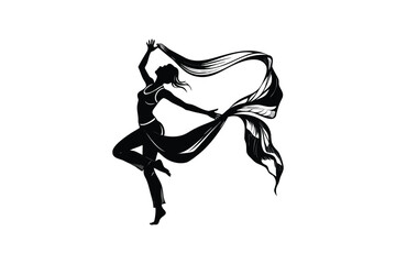Obraz premium Elegant dancer in silhouette gracefully moving with flowing fabric capturing a moment of dynamic motion and artistic expression in a stylized design silhouette