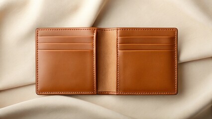 Open brown leather wallet with card slots on a textured textile background, showcasing financial readiness and personal style