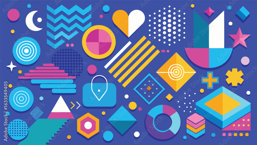Poster a collection of vibrant 90s graphic design elements, showcasing playful shapes and nostalgic color c