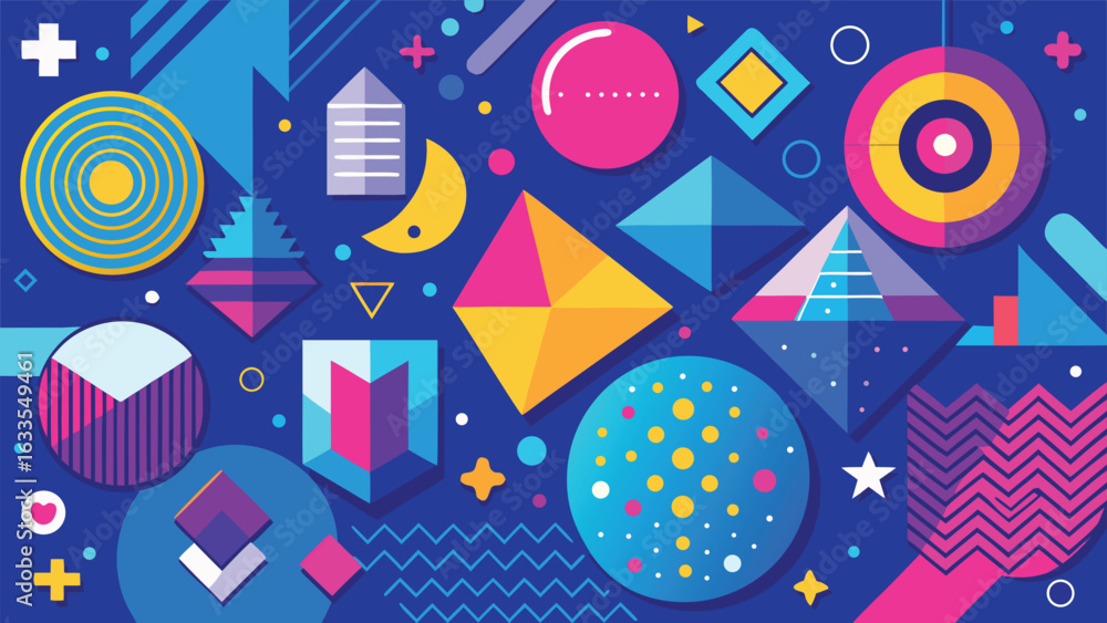 Poster retro 90s graphic design elements with bright colors, abstract shapes, and bold patterns reflecting 
